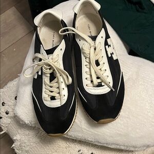 Tory Burch Black and Cream Women's Suede Sneakers size 6